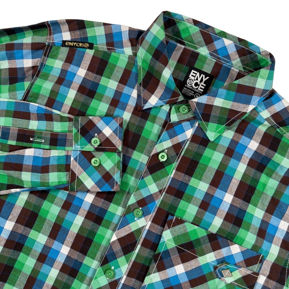 Enyce Plaid Button Down Shirt Men Medium Green Blue Long Sleeve Y2K Retro